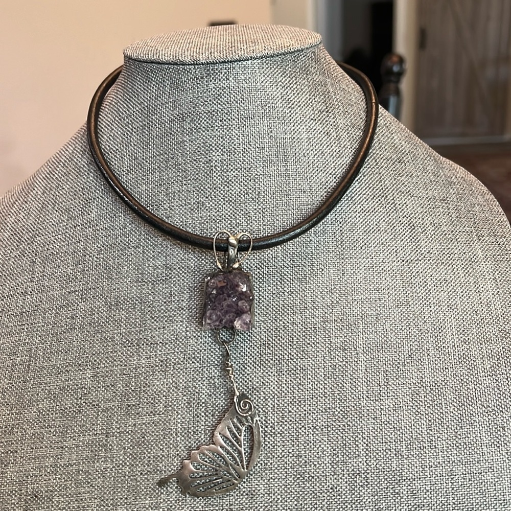 Amethyst Crystal Butterfly Pendant Necklace Artisan Jewelry